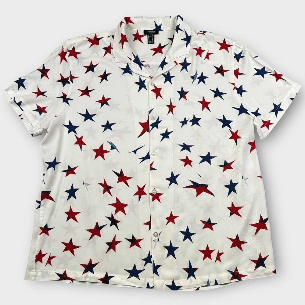 Forever 21 Shirt Mens 2XL Button Up Short Sleeve Stars Rayon Patriotic‎ USA Flag